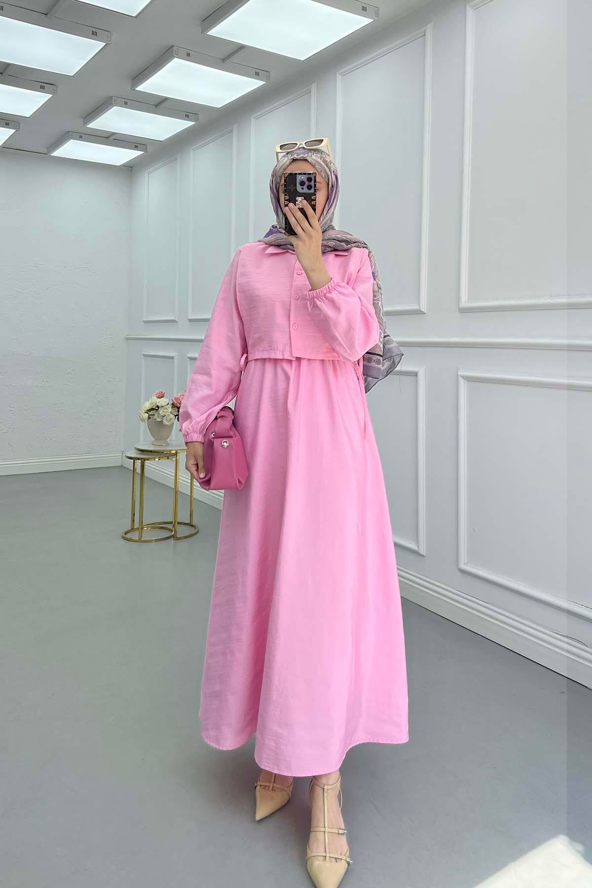 Sare Fashion Vest Detailed Tied Parachute Dress Pink