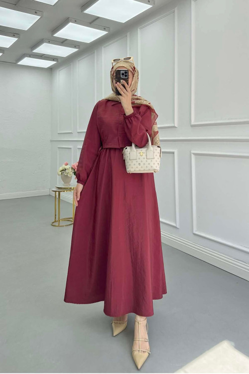 Sare Fashion Vest Detailed Tied Parachute Dress Claret Red