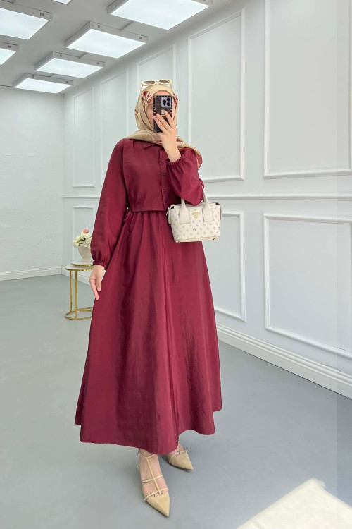 Sare Fashion Vest Detailed Tied Parachute Dress Claret Red