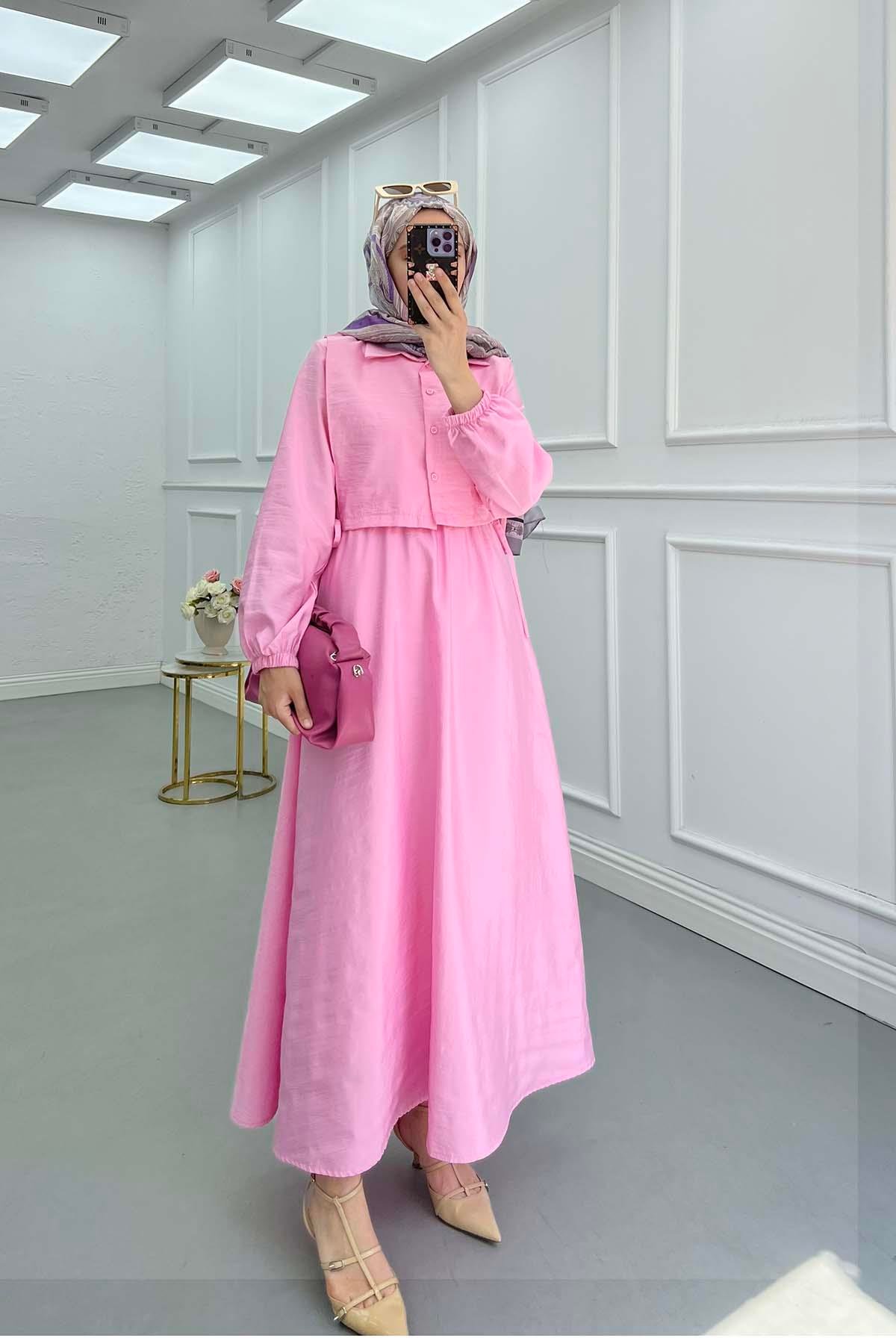 Sare Fashion Vest Detailed Tied Parachute Dress Pink