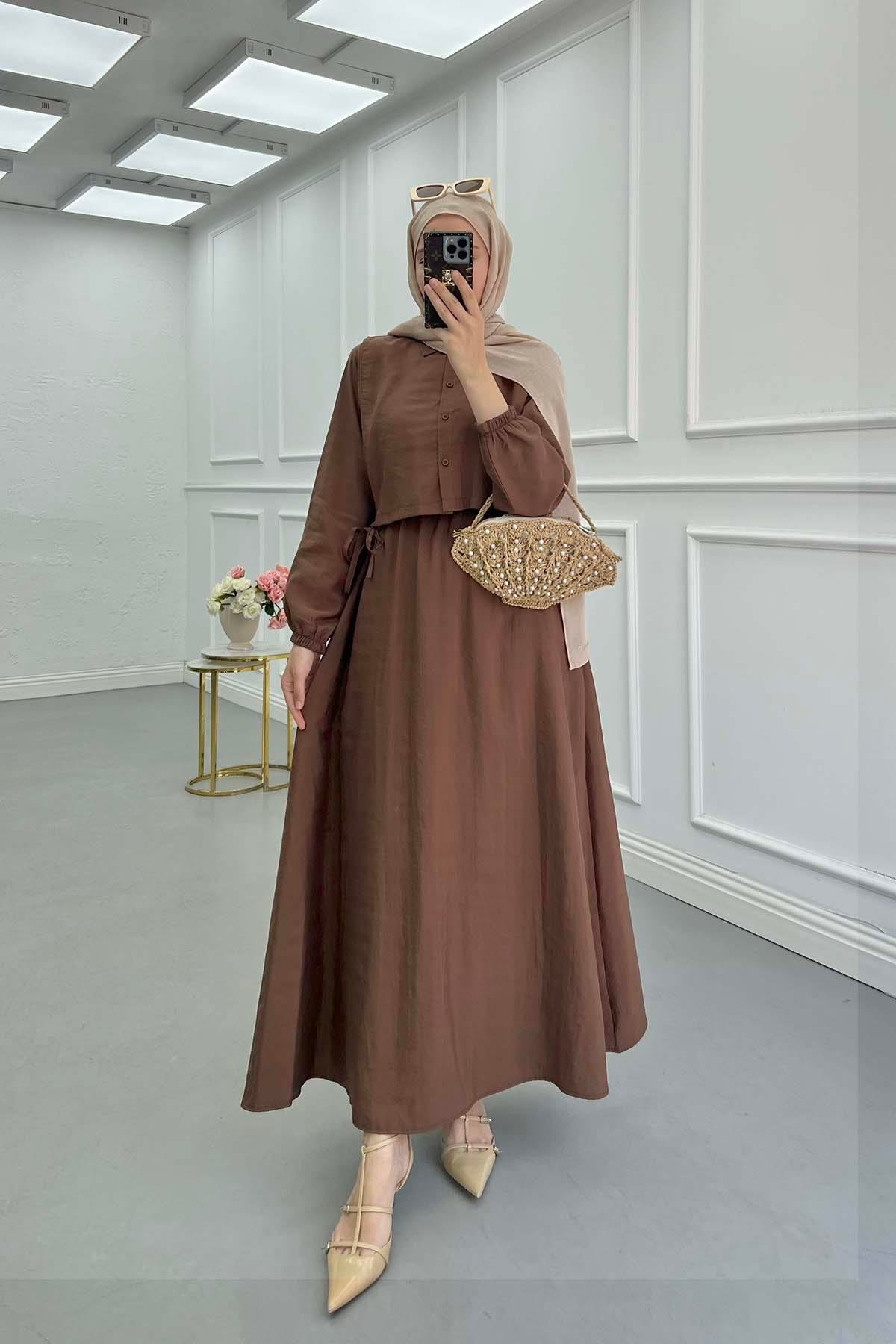Sare Fashion Vest Detailed Tied Parachute Dress Brown