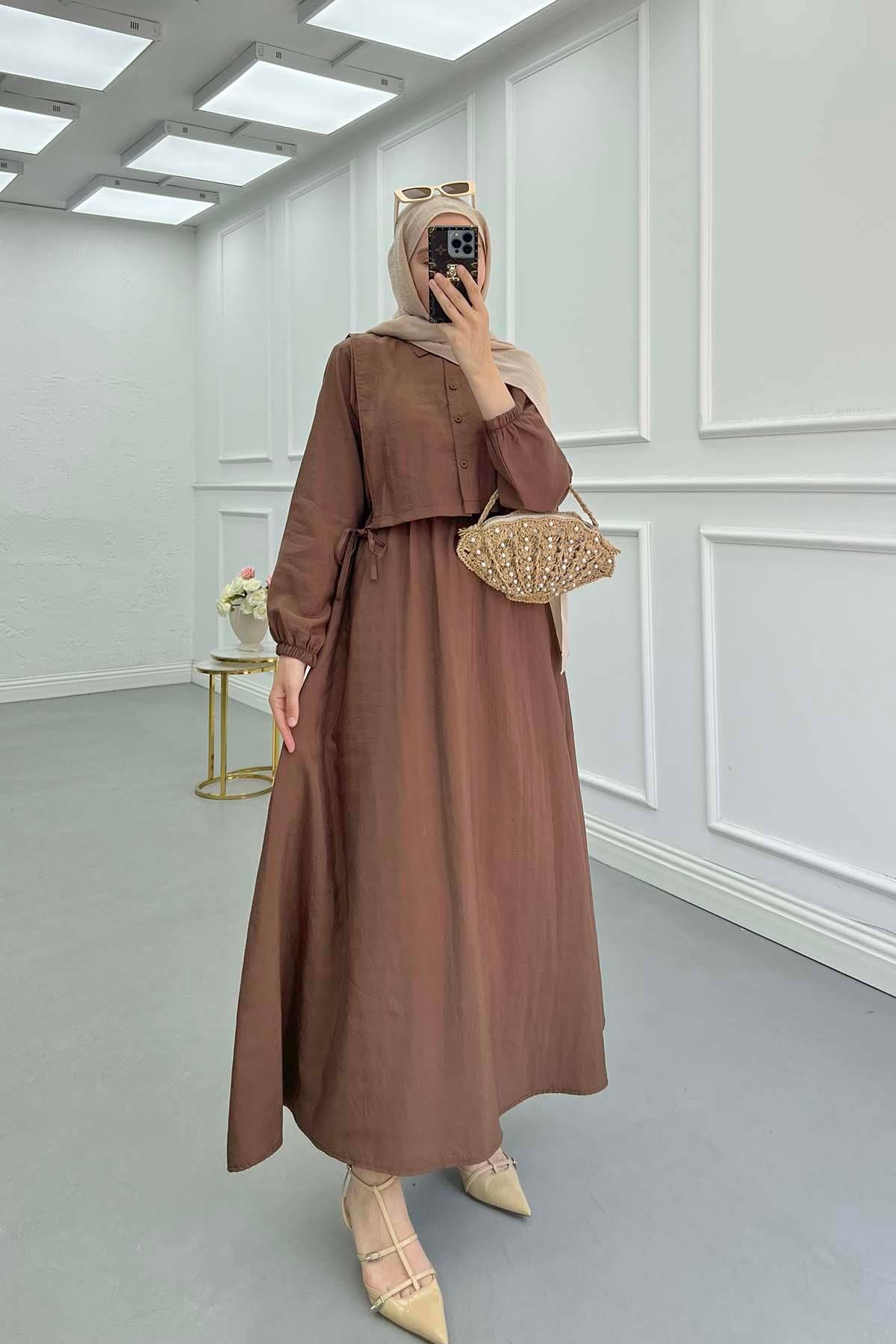 Sare Fashion Vest Detailed Tied Parachute Dress Brown
