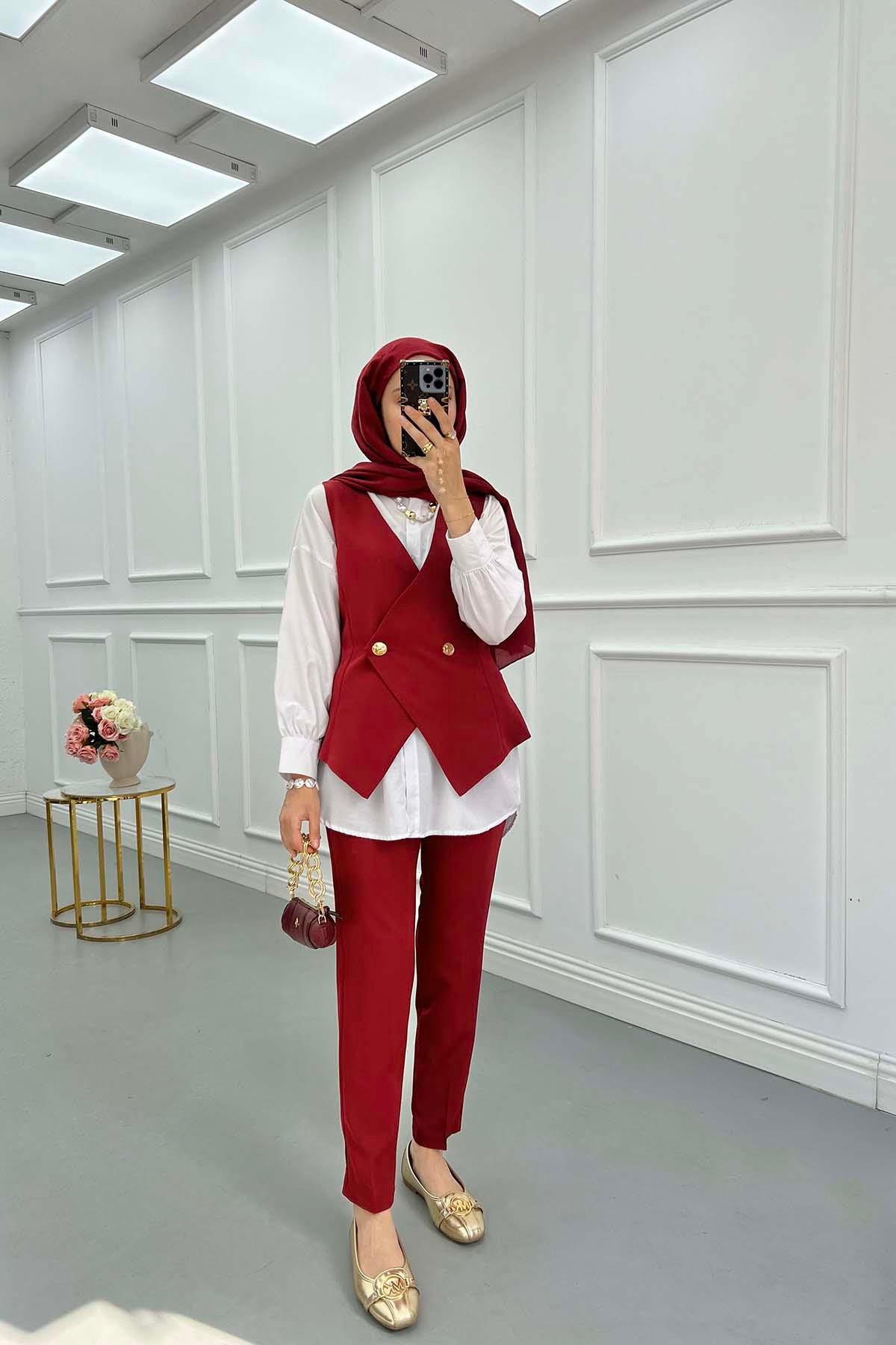 Sare Fashion Vest and Trousers Double Suit Claret Red