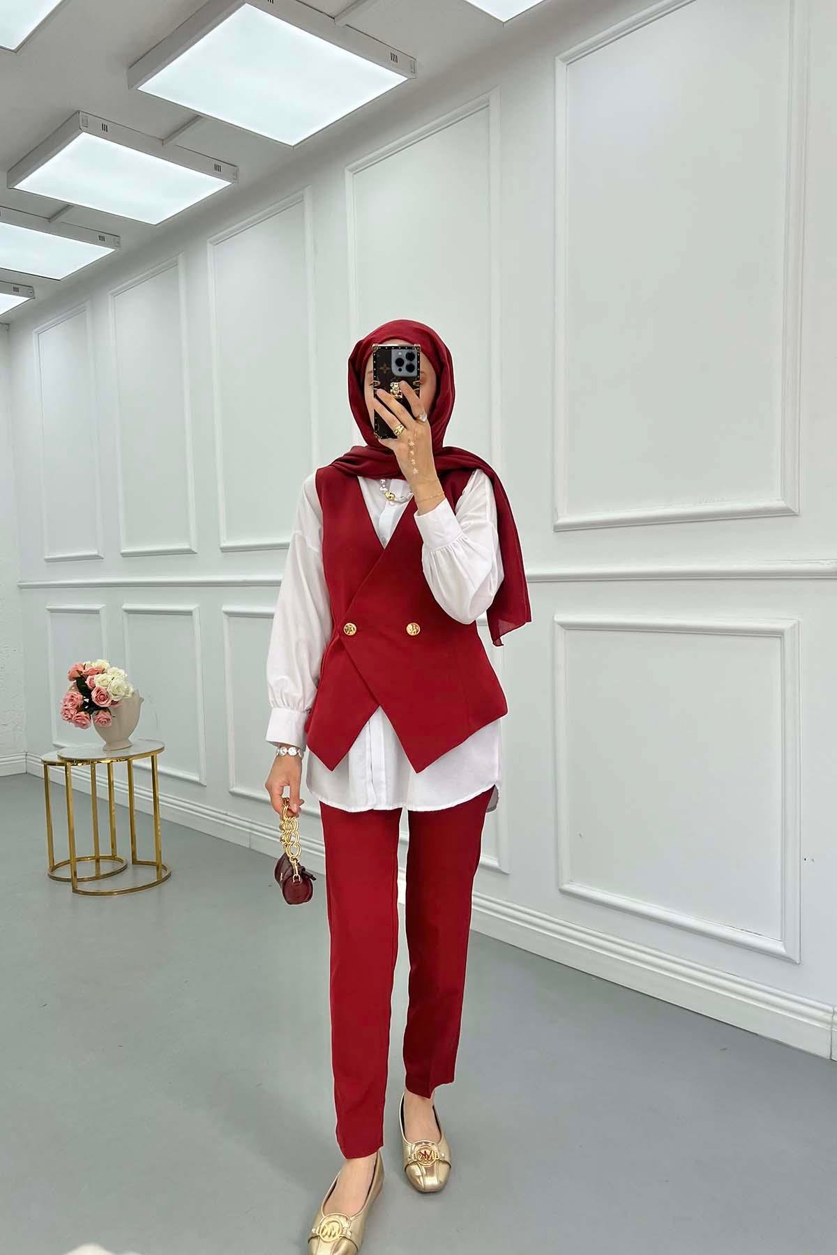 Sare Fashion Vest and Trousers Double Suit Claret Red