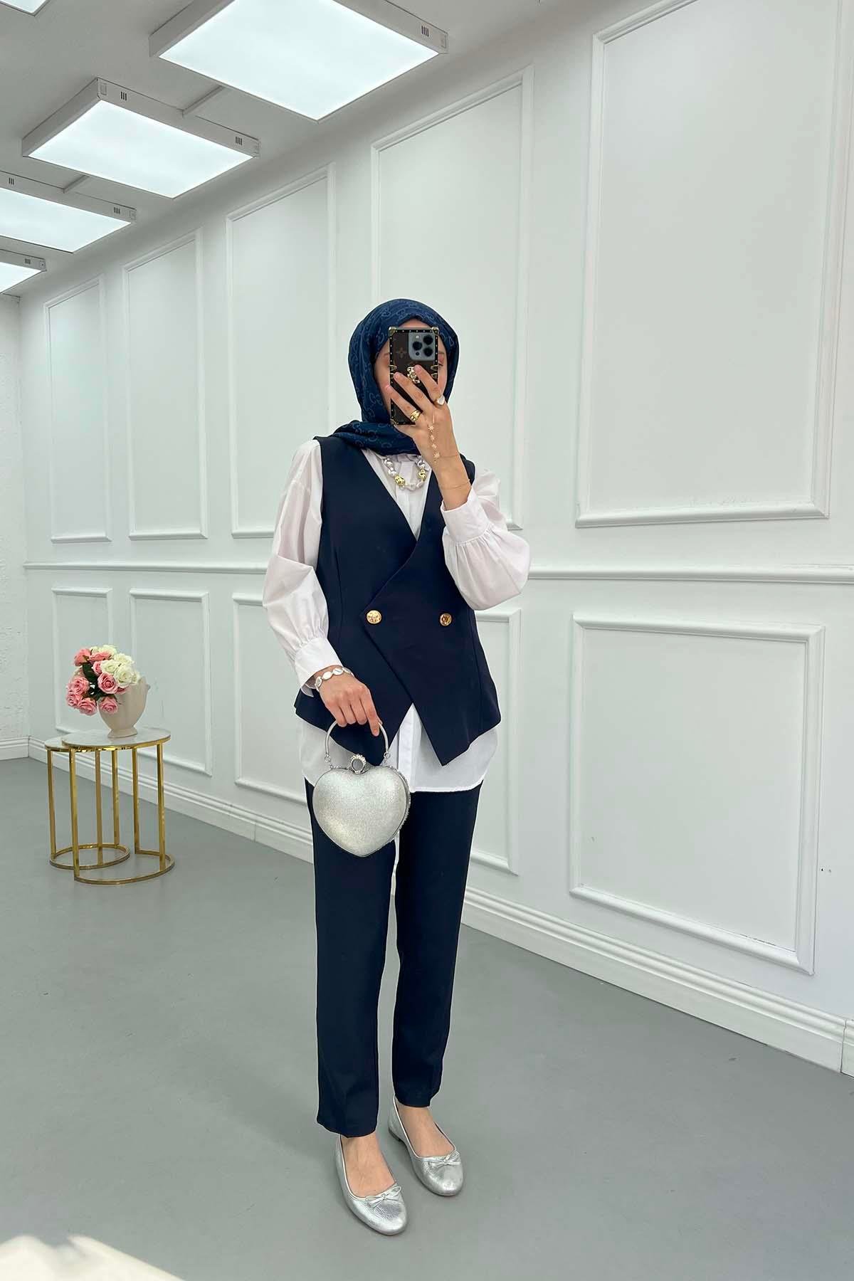 Sare Fashion Vest and Trousers Two Piece Suit Navy Blue