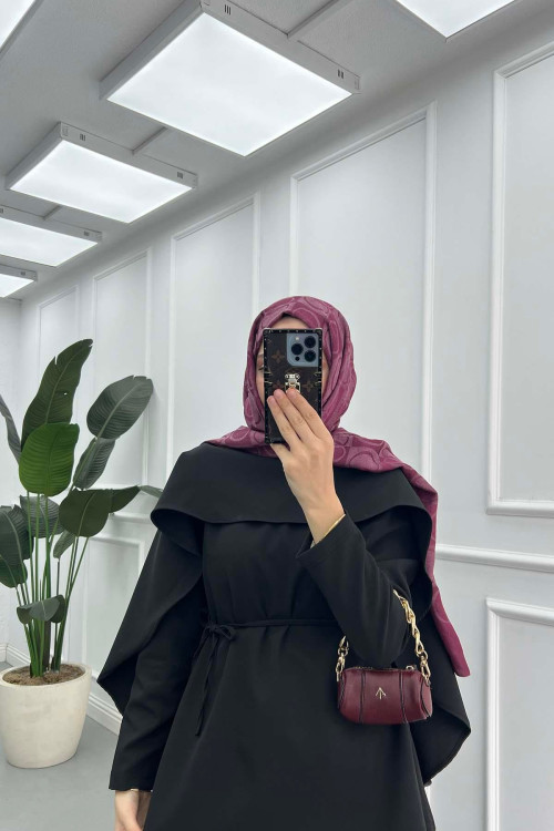 Sare Fashion Elegant Layered Cape and Belted Double Set in Black