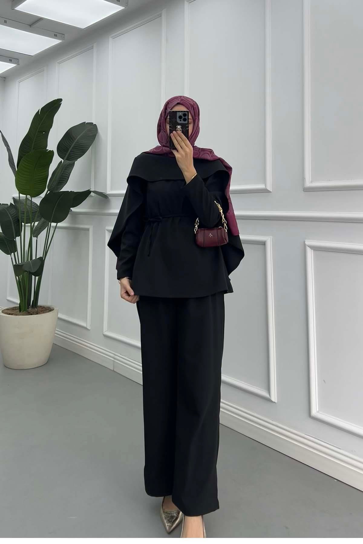 Sare Fashion Elegant Layered Cape and Belted Double Set in Black