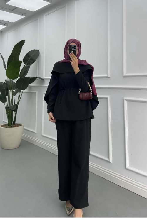Sare Fashion Elegant Layered Cape and Belted Double Set in Black