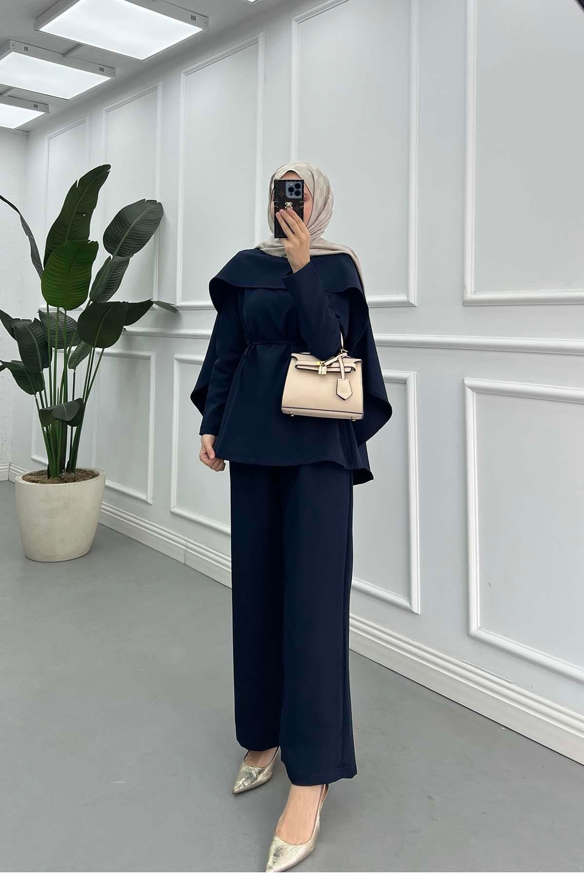 Sare Fashion Elegant Layered Cape and Belted Double Suit, Navy Blue