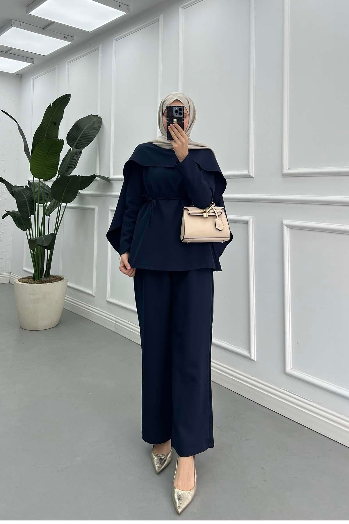 Sare Fashion Elegant Layered Cape and Belted Double Suit, Navy Blue