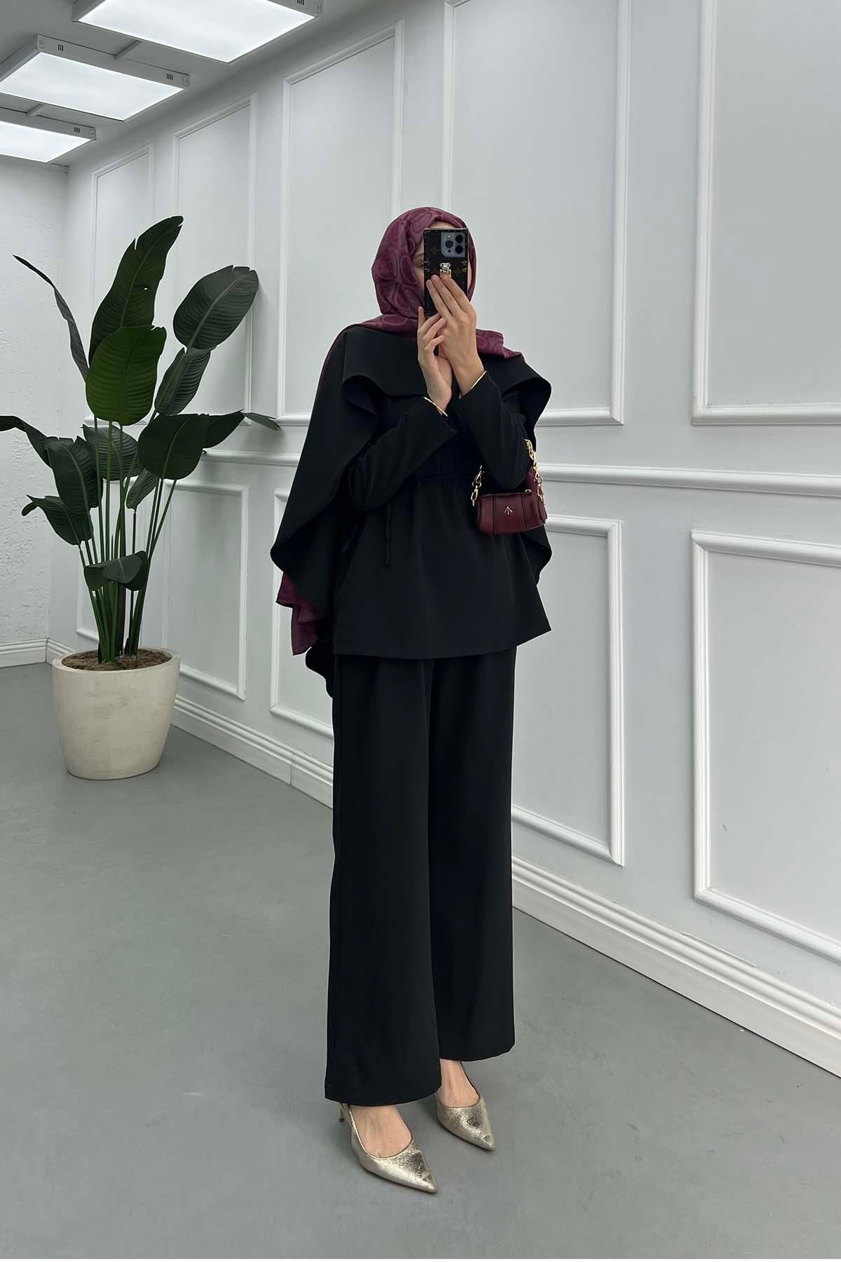 Sare Fashion Elegant Layered Cape and Belted Double Set in Black