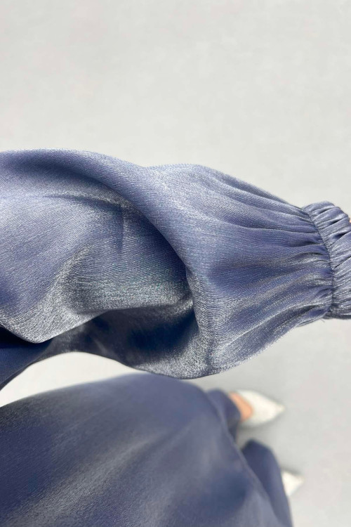 Sare Fashion Chain Detailed Zippered Shiny Suit Indigo
