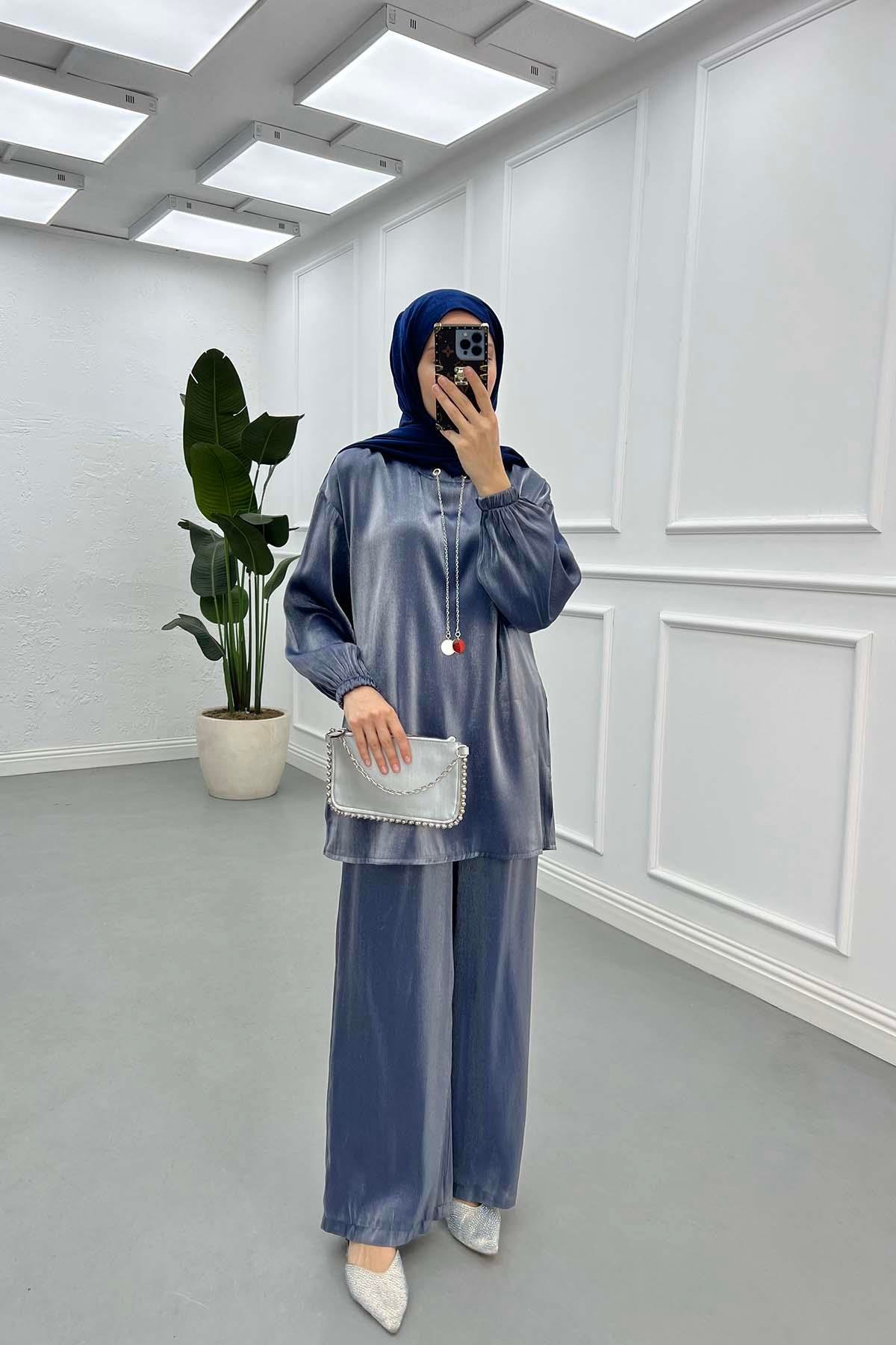 Sare Fashion Chain Detailed Zippered Shiny Suit Indigo