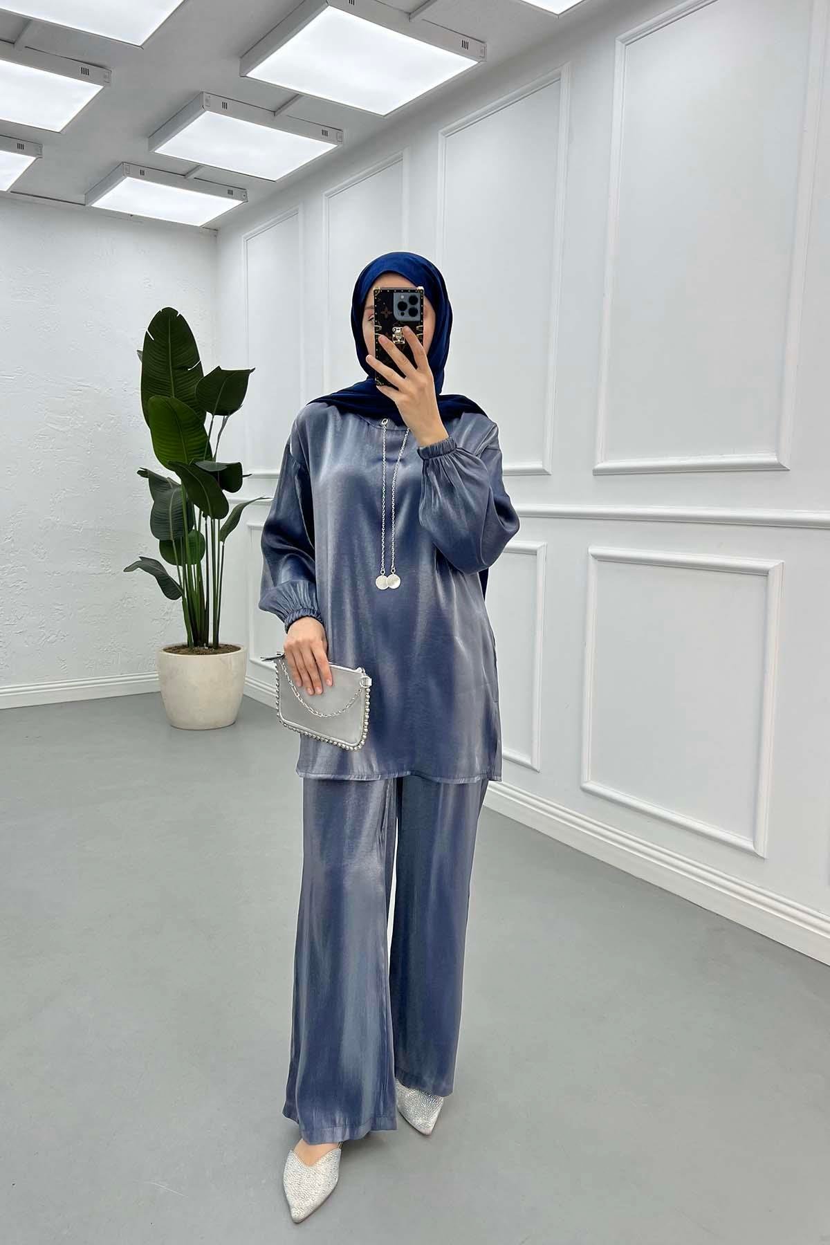 Sare Fashion Chain Detailed Zippered Shiny Suit Indigo