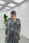 Sare Fashion Chain Detailed Zippered Shiny Suit Gray