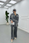 Sare Fashion Chain Detailed Zippered Shiny Suit Gray