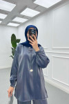 Sare Fashion Chain Detailed Zippered Shiny Suit Indigo
