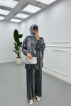 Sare Fashion Chain Detailed Zippered Shiny Suit Gray
