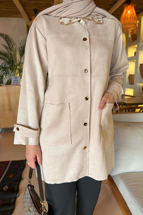 Sare Fashion Chain Detailed Suede Jacket Beige