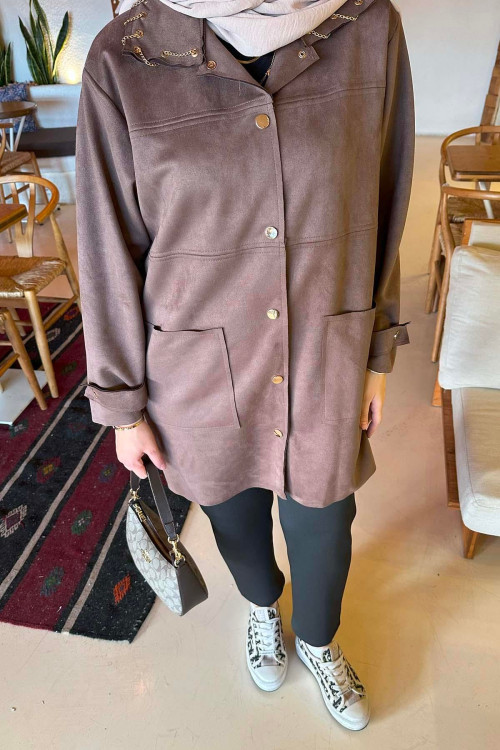 Sare Fashion Chain Detailed Suede Jacket Brown