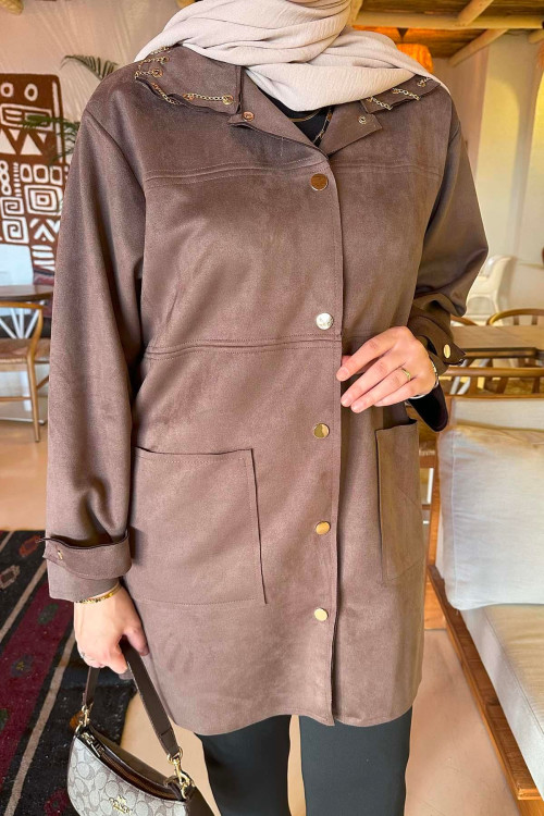 Sare Fashion Chain Detailed Suede Jacket Brown