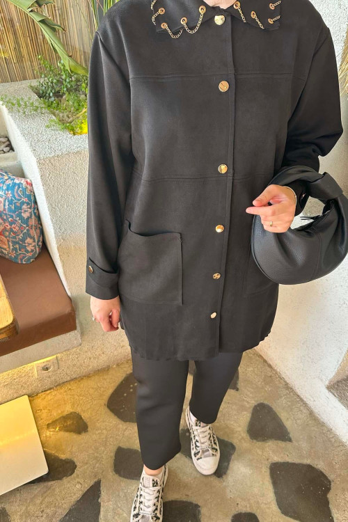 Sare Fashion Chain Detailed Suede Jacket Black