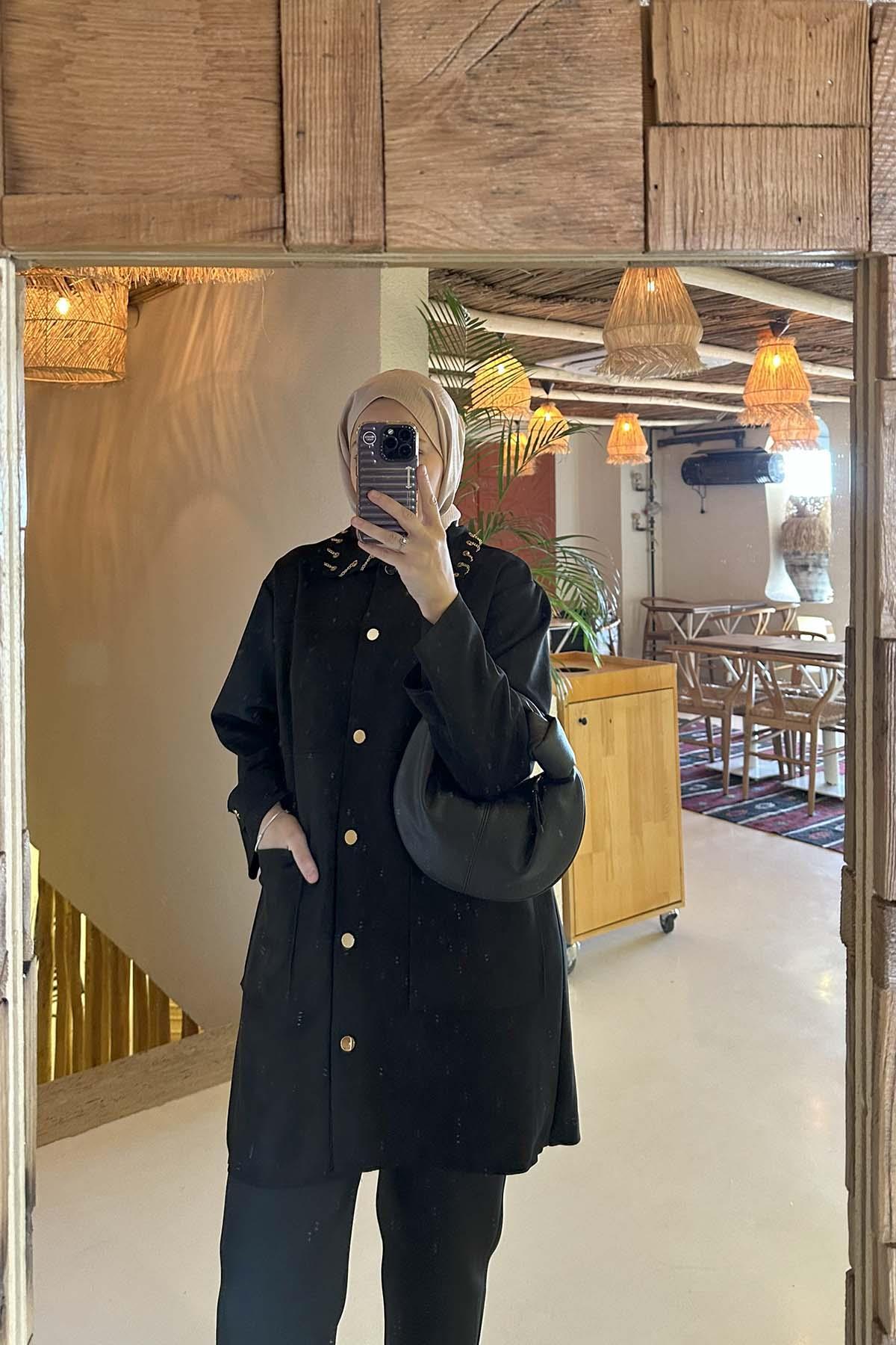 Sare Fashion Chain Detailed Suede Jacket Black