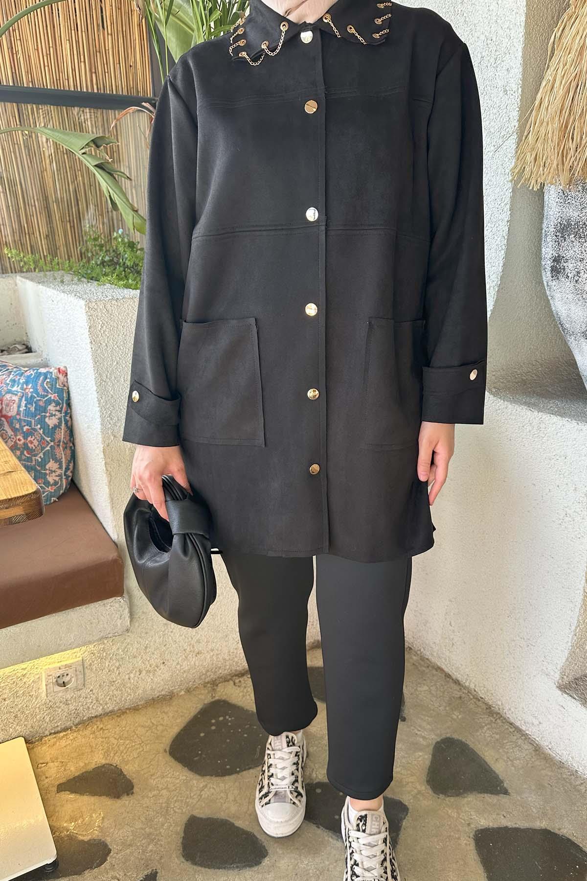 Sare Fashion Chain Detailed Suede Jacket Black